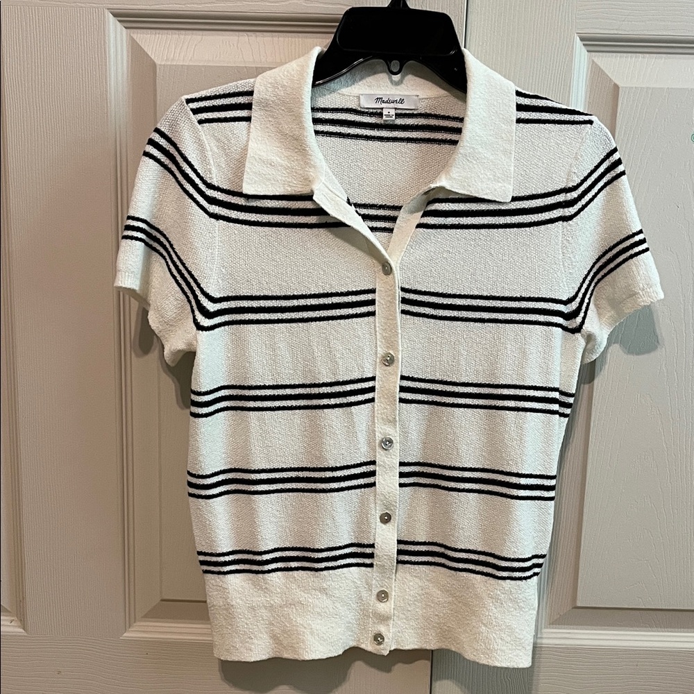 Madewell Cream and Black Striped Knit Collared Top